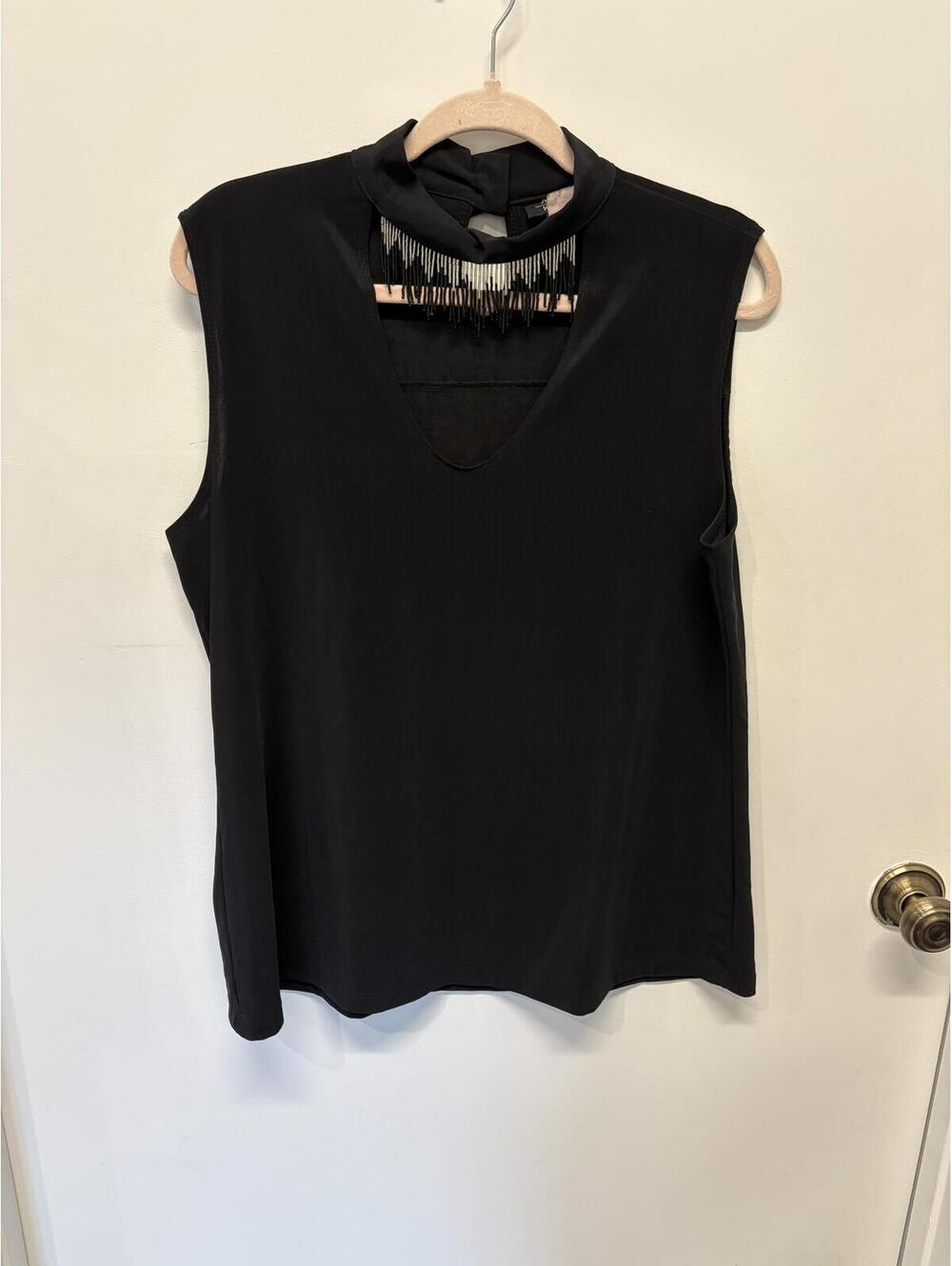 Adrian Karen Black Sleeveless Mock Neck Fringe Trim Top